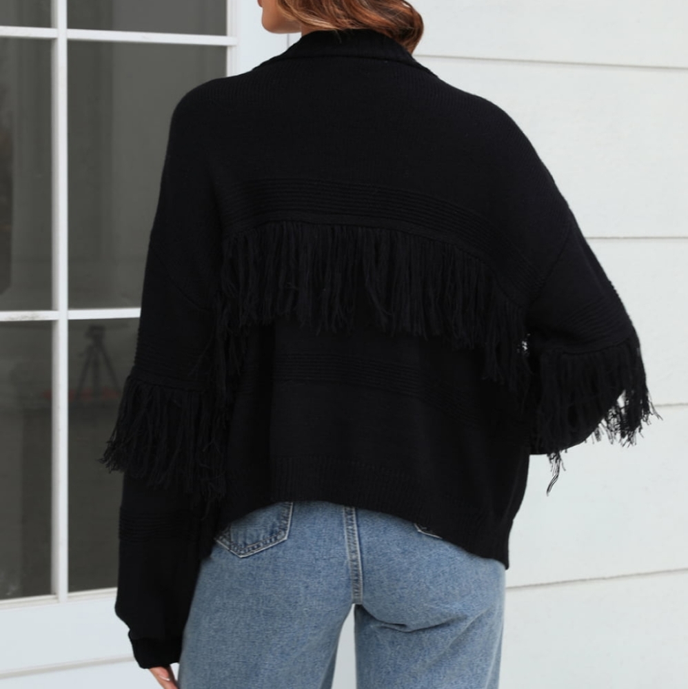 Fringe Trim Open Front Cardigan - Black - Picture 4 of 6